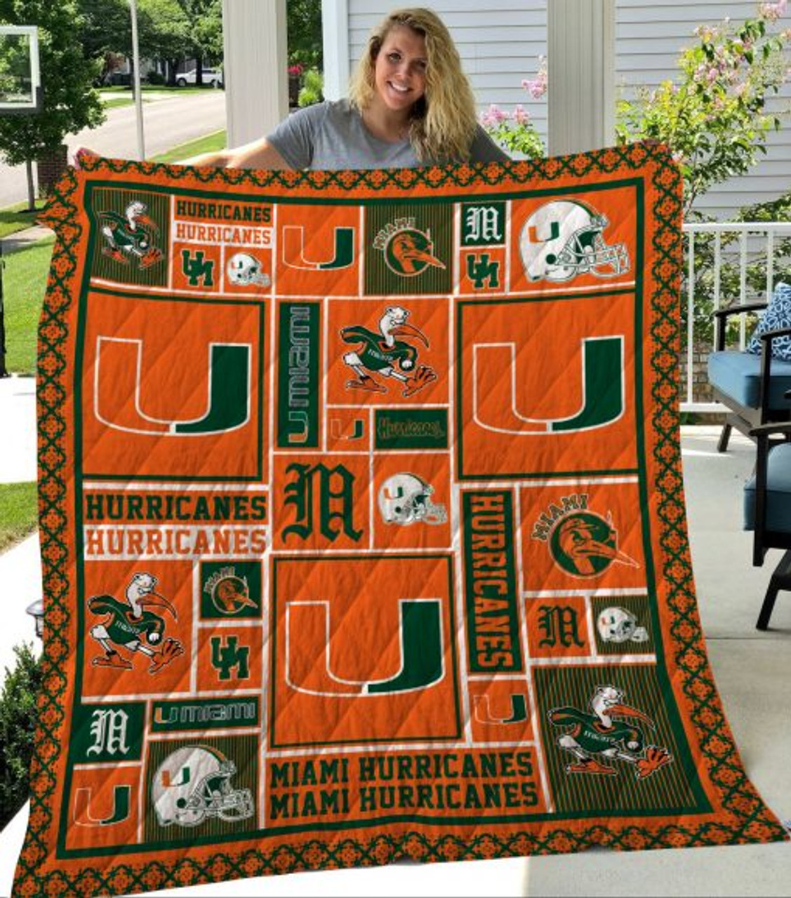 Charming NCAA Miami Hurricanes Orange Green Quilt Blanket for Home Decor