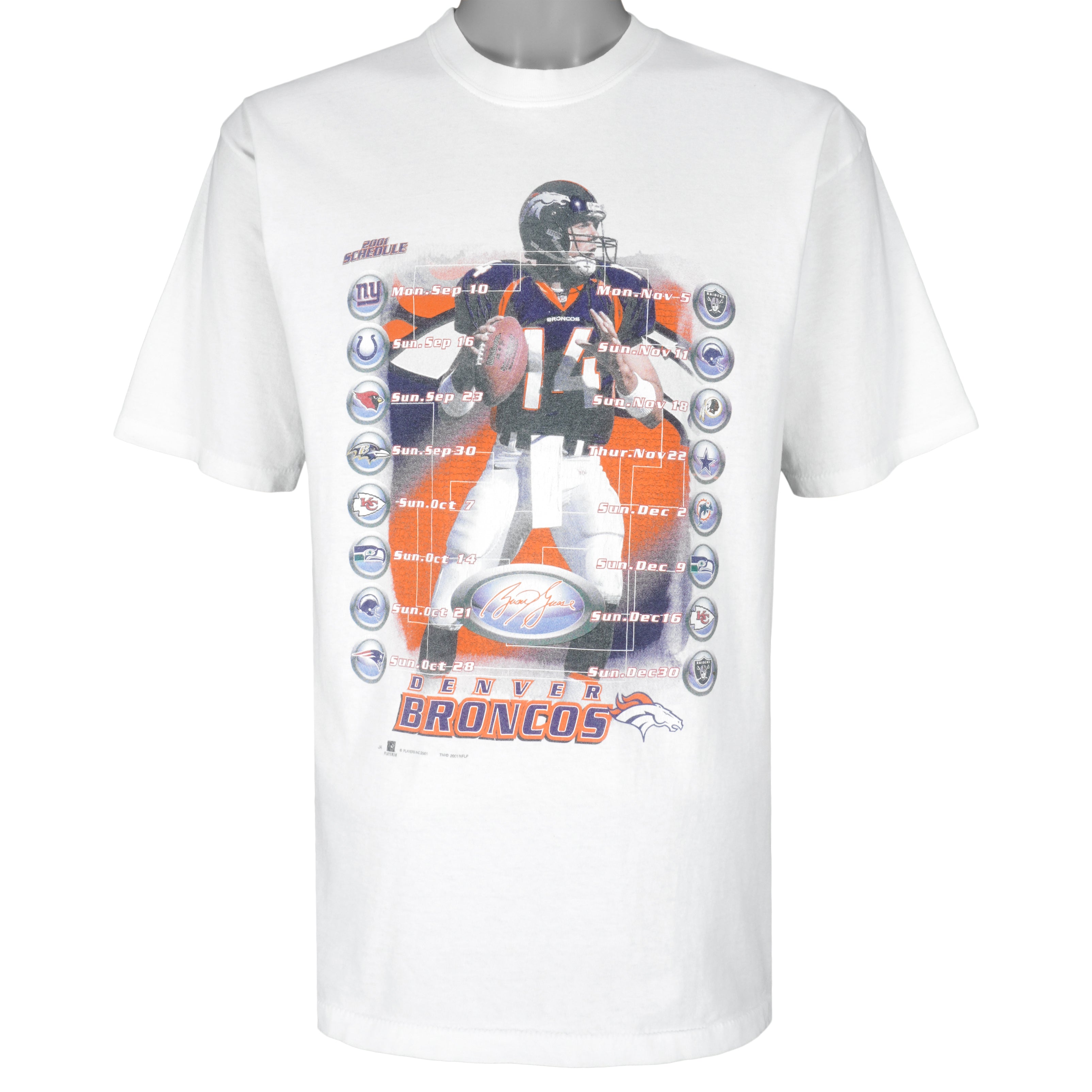 Nfl Denver Broncos Game Schedule T-Shirt 2001 Vintage Style Hoodie Sweatshirt Reprinted Full Size Gifts for Fans