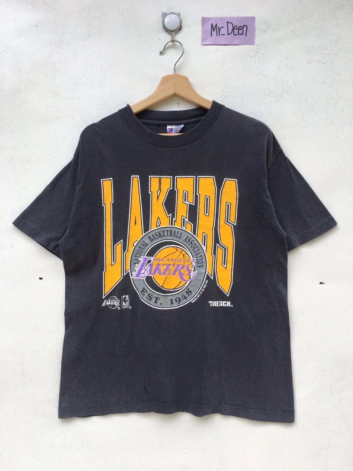 Vintage Style L.A Lakers Big Logo Tshirt By Trench Shirt Hoodie Sweatshirt Reprinted Full Size Gifts for NBA Fans