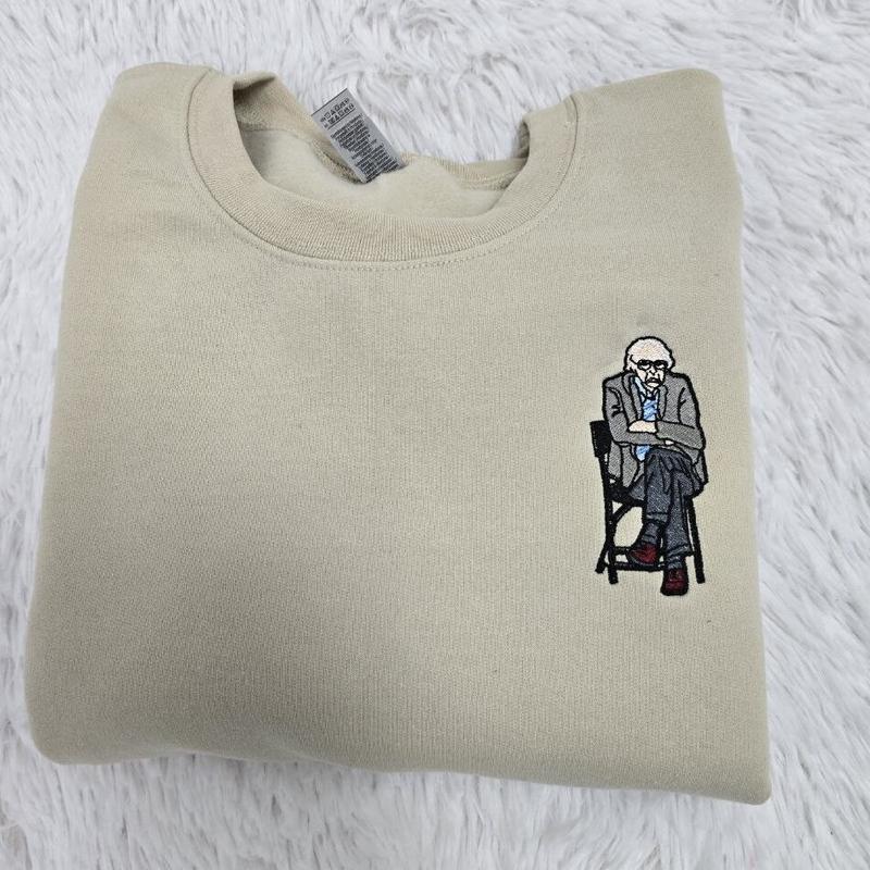 Bernie Sanders Meme-Inspired Embroidered Crewneck Sweatshirt - Funny Viral Hug at Home Hoodie