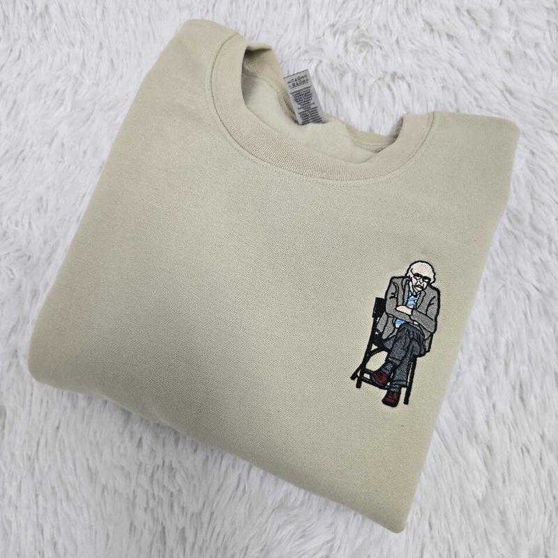 Bernie Sanders Meme-Inspired Embroidered Crewneck Sweatshirt - Funny Viral Hug at Home Hoodie